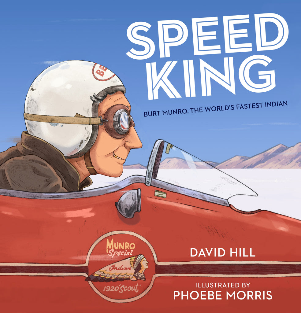 Front cover of the book featuring an illustration of a man in an old fashioned car, driving fast past mountains
