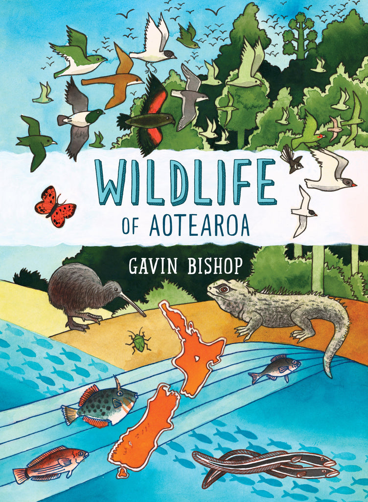 Front cover of the book featuring a colourful illustration of NZ animals
