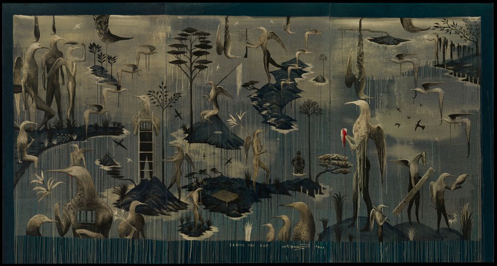 An artistic admirer of ornithology, Bill Hammond’s work illustrates worlds of haunting brilliance and divine characters. Draped in dramatic, bleeding lines and muted madness, Hammond’s work accommodates restless life in the brushwork of unique creativity.  