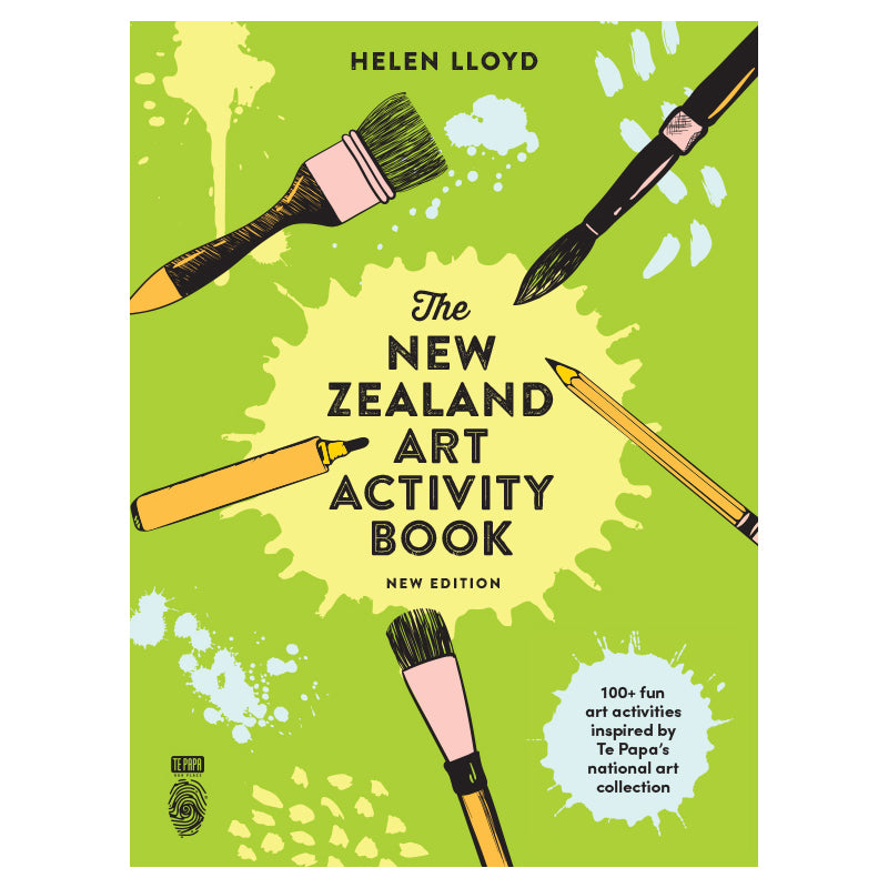 Front cover of the book featuring illustrations of paintbrushes, pencils and pens against a bright green background splattered with yellow paint