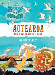 Book cover featuring colourful illustrations of the NZ landscape and maori gods