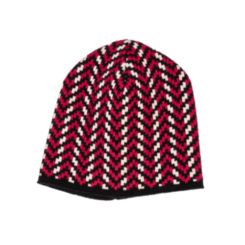 Knitted beanie with red and white pattern on a white background
