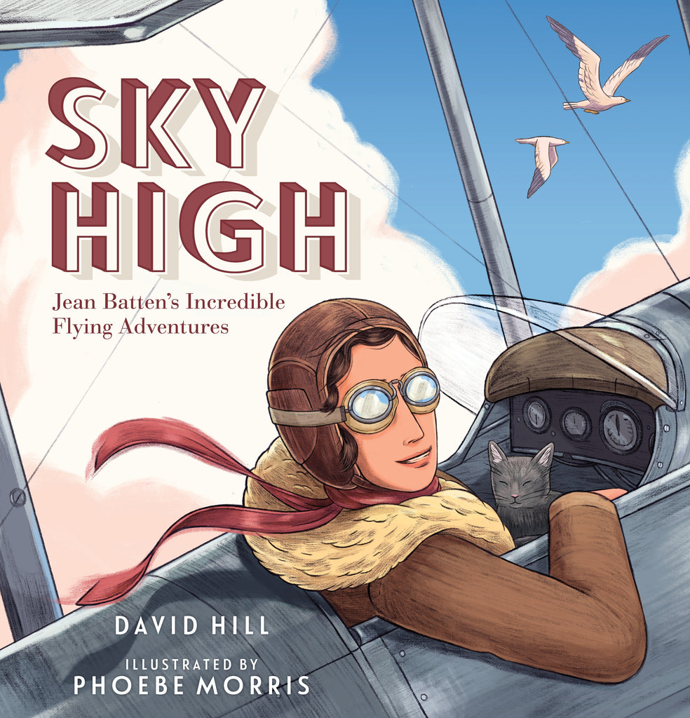 Front cover of the book featuring an illustration of a woman and a cat flying an old fashioned plane