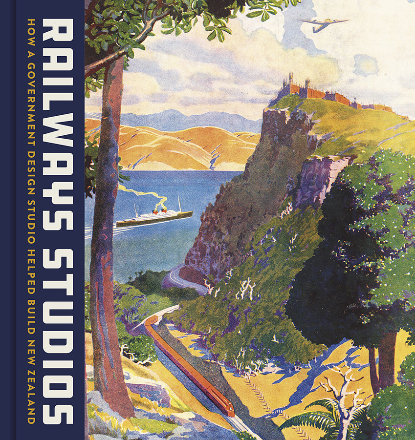 Front cover of the book featuring a stylised landscape scene with a train passing through it