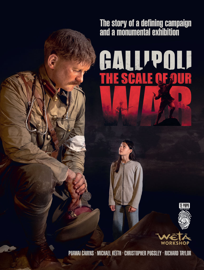 Front cover of the book featuring an image of a girl staring up at a large scale model of a soldier