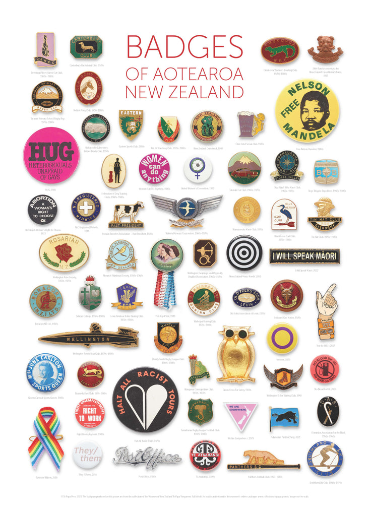 A poster featuring a series of badges against a white background