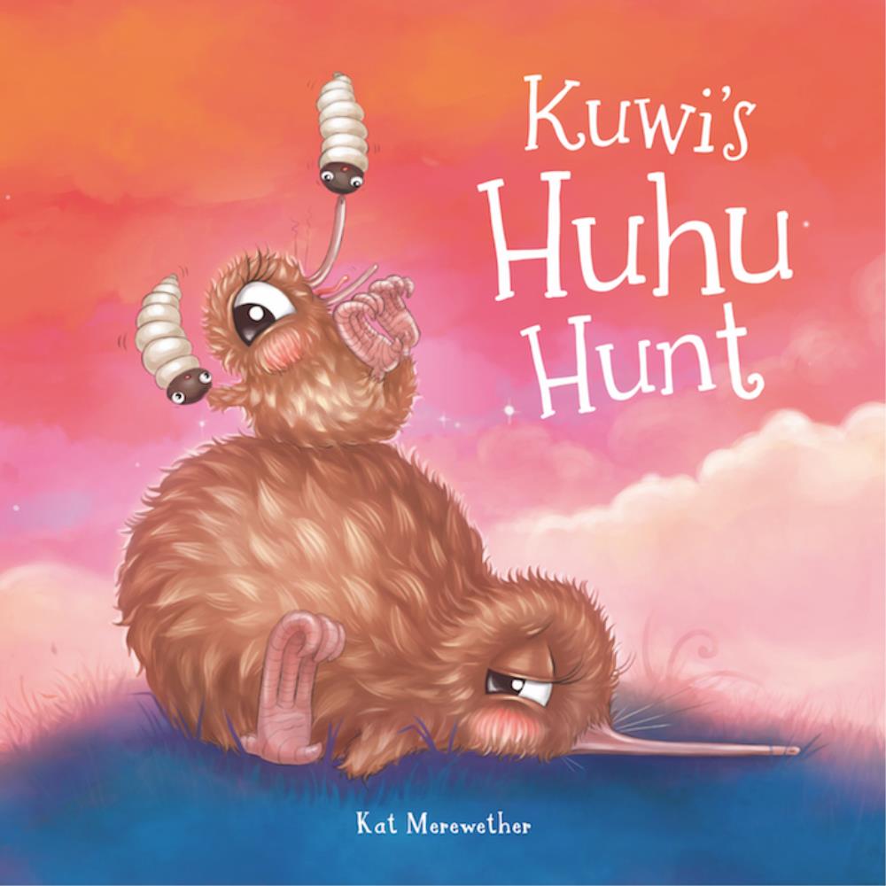 Front cover of the book featuring an illustration of a baby kiwi sitting atop a larger kiwi and holding huhu grubs