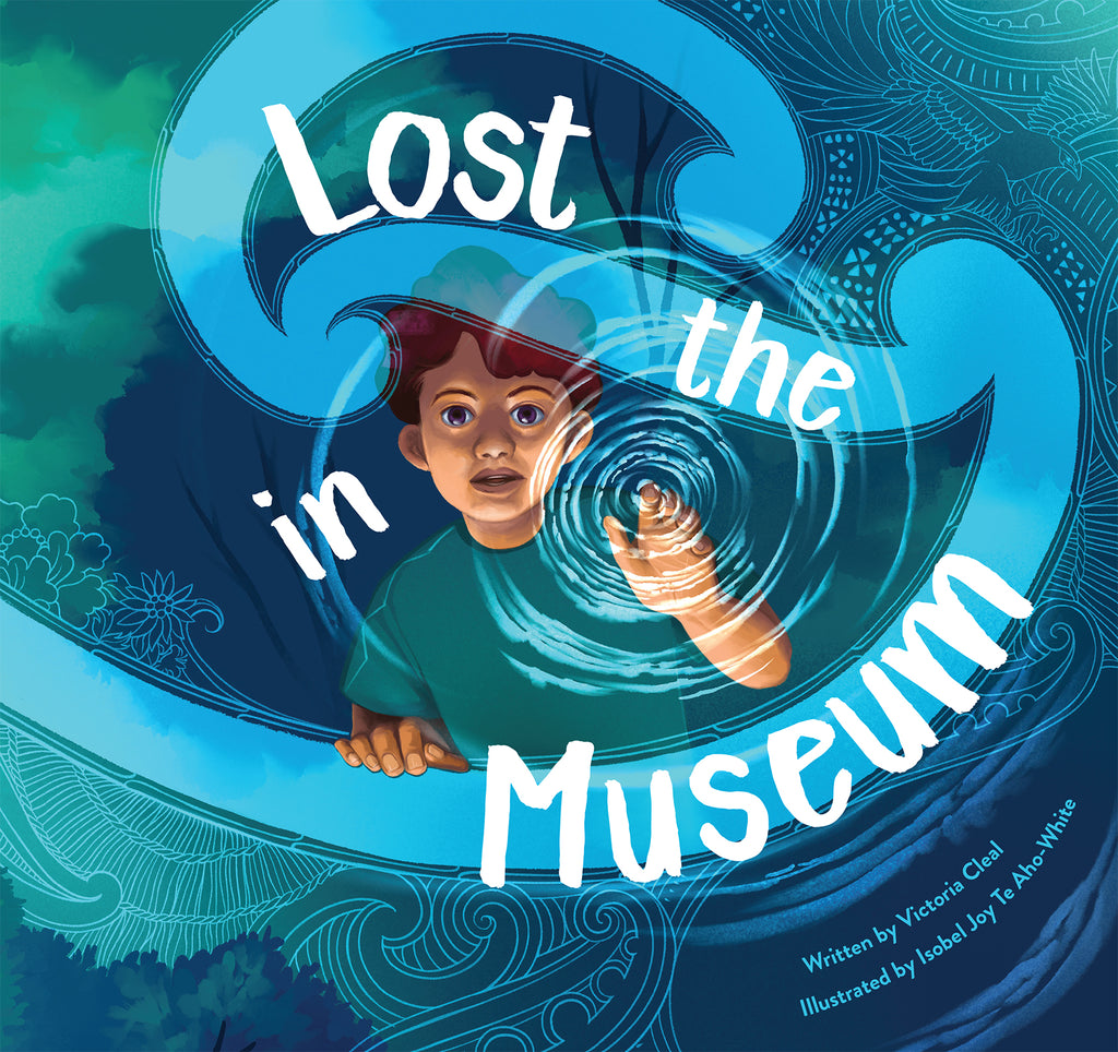 Front cover of the book featuring a boy surrounded by swirling blue and green colours and patterns