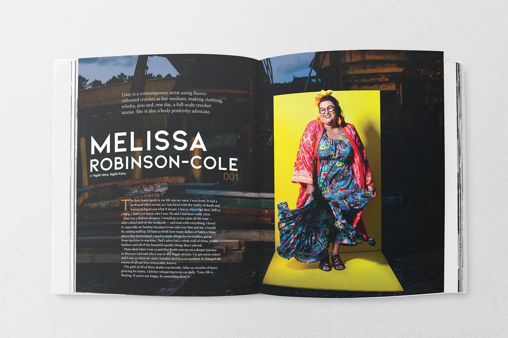 Two page spread from within the book featuring text and an image of a woman wearing colourful clothing and smiling in front of a bright yellow background 